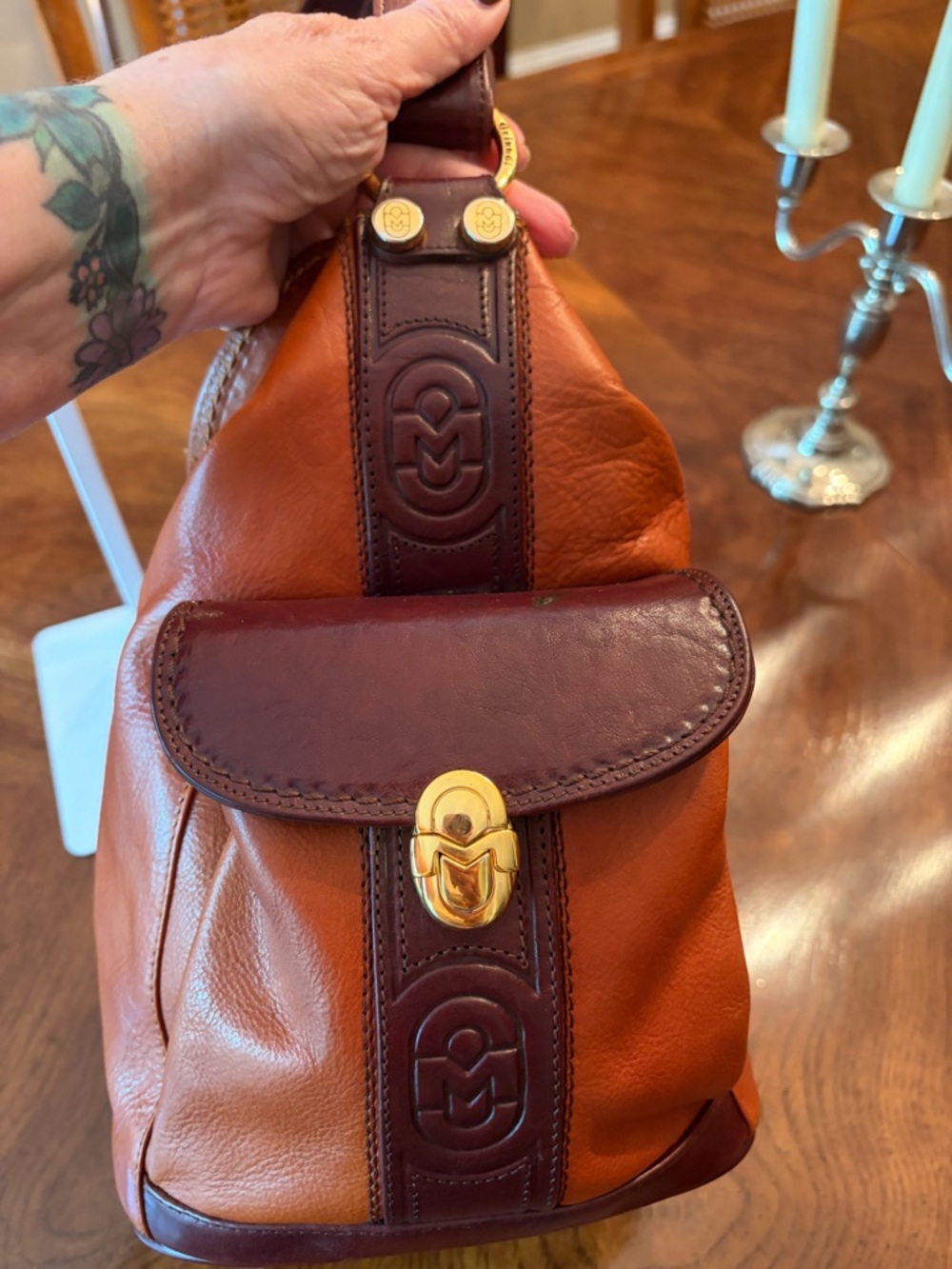 Marino Orlandi Two-Tone Brown Leather Sling Bag with Gold Hardware